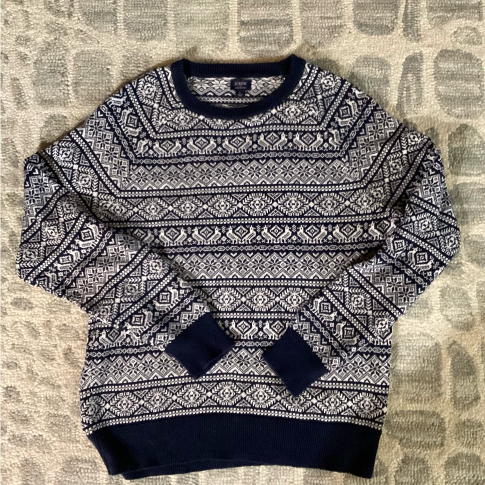 J. Crew Men's Sweater in Navy and White Geometric Pattern